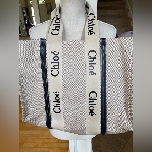 Chloe Large Woody Coated Canvas Tote Bag -Beige m with and Black Leather Trim - Picture 1 of 16